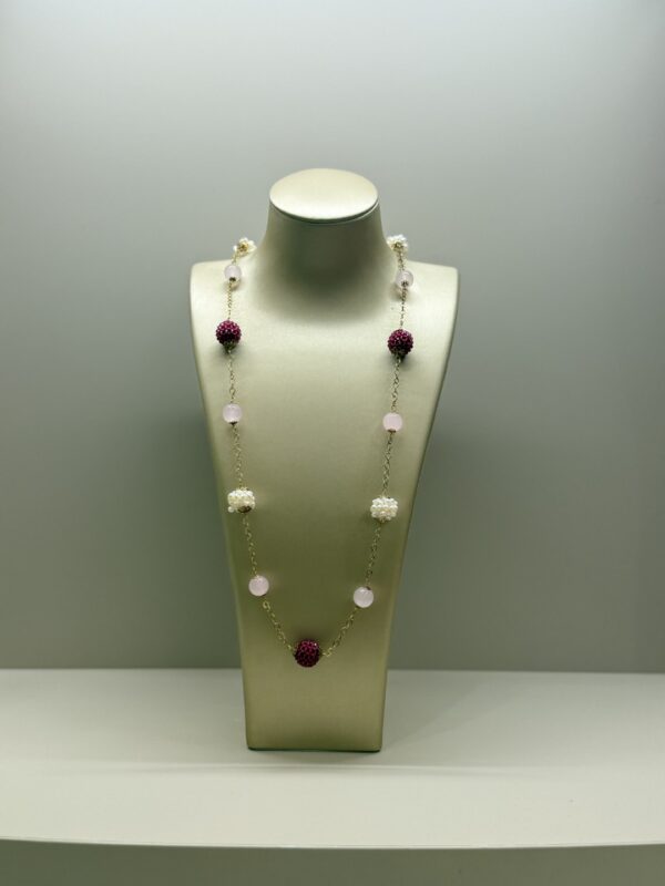 Collana in corallo naturale del Mediterraneo quarzo rosa, perle di acqua dolce, cristalli